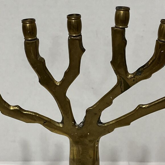 Vintage Solid Brass MCM Brutalist Style Tree Of Life Menora Judaica 10” Patina - Picture 4 of 12